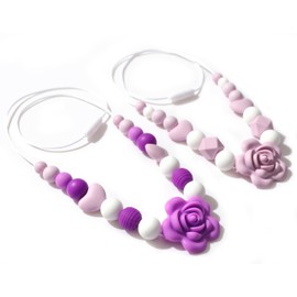 Jissoo 2Pcs Purple Flower Nursing Necklaces - Breastfeeding Silicone Jewelry,Fiddle Sensory Silicone Necklaces,Calming Newborn Emotions Necklace,New Mama Nursing Rose Necklace