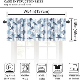 Llylumty Starfish Kitchen Valance Curtain,Sea Shells Stars Marine Floral Watercolor Abstract Art Ocean Theme Sea Animals Kitchen Rod Pocket Window Curtain Valance Home Decor Treatment 54x18 inch