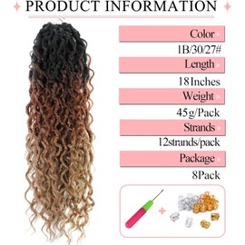 QIDESHENG 18" Goddess Locs Crochet Hair Extensions - 8 Packs Pre-Looped Faux Locs with Curls, Boho Braided Synthetic Hair for Black Women (1B/30/27, 18inch)