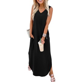 SAMPEEL Dresses for Women 2025 Vacation Casual Maxi Summer Dress V Neck Weddging Guest Sundress L Black