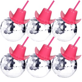 Tongnian Disco Ball Cups,6 Pcs Silver Disco Cups with Cowboy Hat Lid and Straw, Sparkly Glitter Disco Ball Tumbler Pink Western Cowgirl Hat Disco Ball Cocktail Cup for Party Supplies