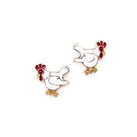 Single Pair of White Enamel and Gold Chicken Stud Earrings from WYO-HORSE JEWELRY - Rhode Island Red, Cornish, OR Plymouth Hens (White)