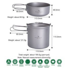Boundless Voyage Titanium Pot Pan Set with Folding Handles Outdoor Camping Cooking Picnic Bowl Hiking Plate Cookware Mess Kit (Ti2050C (400ml+1100ml))