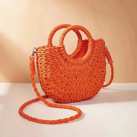 Handwoven Straw Rattan Half-Moon Beach Handbag Large Capacity Women Summer Hollow Out Cros