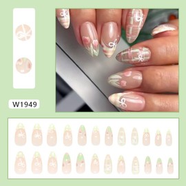 Medium Short Almond Press on Nails Fake Nails Simple with Nude Tulip Flowers Design False Nails French Tip Stick on Nails Full Cover Thick Glossy Acrylic Glue on Nails for Women 24Pcs W1949