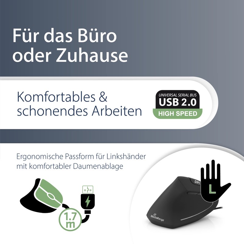 MediaRange ergonomische 6-Tasten Maus mit optischem Sensor für Linkshänder, kabelgebunden,