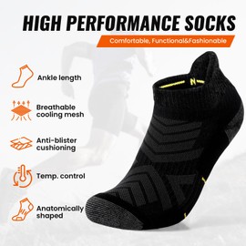 kaciixaa 4 Pairs Merino Wool Ankle Running Hiking Socks Compression Support Breathable Thick Cushion No Show Socks for Women Men(Black&Yellow,L)