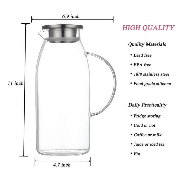 60 Ounces Glass Pitcher with Lid, Hot/Cold Water Jug, Juice
