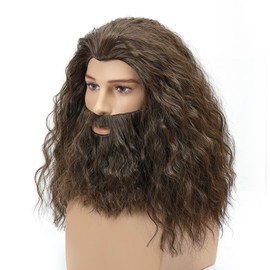 LAXSHZ Mens Long Brown Curly Hair Wig with Beard for Halloween Cosplay Party Costume Wig