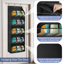 Baseball Cap Organizer - 5 Tier Hat Rack for Door - Wall Mounted Hat Holder, Clear Deep Pockets, Holds 60+ Caps, 3 Hooks (Black)