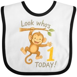 inktastic Look Who's 1 Monkey Birthday Baby Bib White and Black 46b31