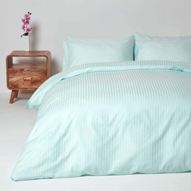 Homescapes Single Blue Egyptian Cotton Duvet Cover Set Satin Stripe 330 Thread Count with 100% Cotton Pillowcase Included