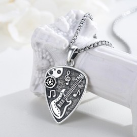 YueYuan Guitar Plectrum Necklace 925 Sterling Silver Guitar Pendant Plectrum Chain Music Jewellery Gift for Men Music Lovers Guitar Players Hip Hop Rapper, Sterling Silver, No Gemstone