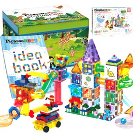 PicassoTiles 700 piece Marble Run Magnetic Tiles and Brick Combo Magnet Tile Building Blocks Construction Toddlers Toys Set with Storage Bin & Ideabook Character Action Figures STEM Kids Ages 3+ PB700