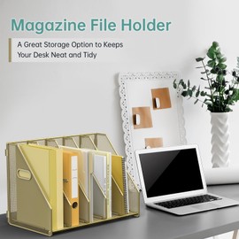 MINDEPOT Desk File Organizer Metal Desk Magazine Folder Holder with 5 Vertical Compartments Rack File Organizer for Office, Home, School (Gold)