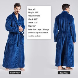 FashGudim Mens Robes Big and Tall Full Length Plush Fleece Long Robe for Men Bathrobe Shawl Collar Warm Winter House Robes (Navy,5XL)