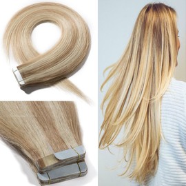 20 Inch Tape in Hair Extensions Remy Human Hair Highlight 100g 40pcs #18/613 Ash Blonde Mix Bleach Blonde Balayage Straight Hair Seamless Skin Weft Glue in Human Hairpieces with Double Sided Tape