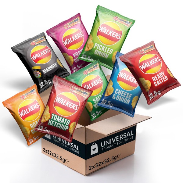 Walkers Crisps Selection Custom Boxes - British Potato Chips - Pick Any 2 Cases of 32x32.5g from a Variety of Flavours - No Added MSG, Colouring or Preservatives
