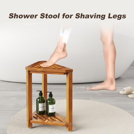 Kzeirm Acacia Wood Shower Stool 14" Height, Corner Shower Bench & Foot Rest for Shaving Legs, Waterproof Bath Seat with Storage Shelf, Compact Design for Small Inside Shower Spaces