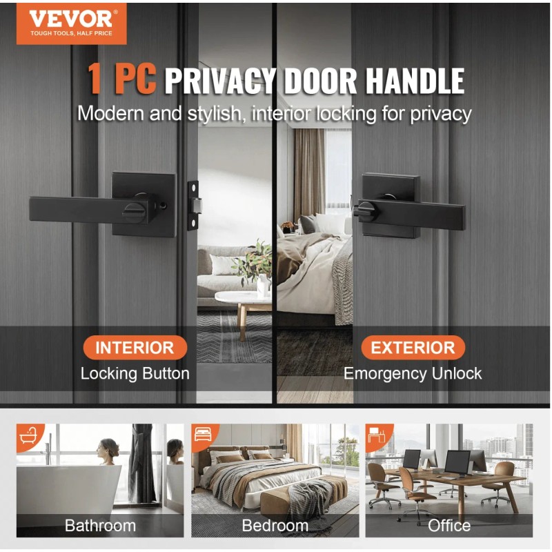 10pcs Modern Matte Black Alloy Bedroom Square Reversible Privacy Door