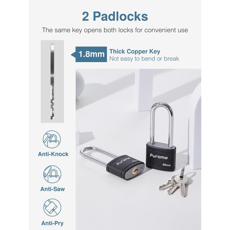 Puroma 2 Pack Keyed Padlock with 3 Keys, 2.5 Inch