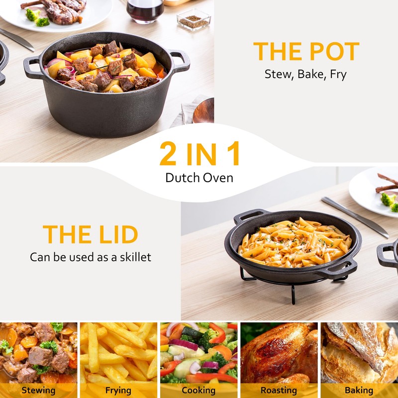 Velaze Cast Iron Dutch Oven Pot with Skillet Lid, 2-in-1