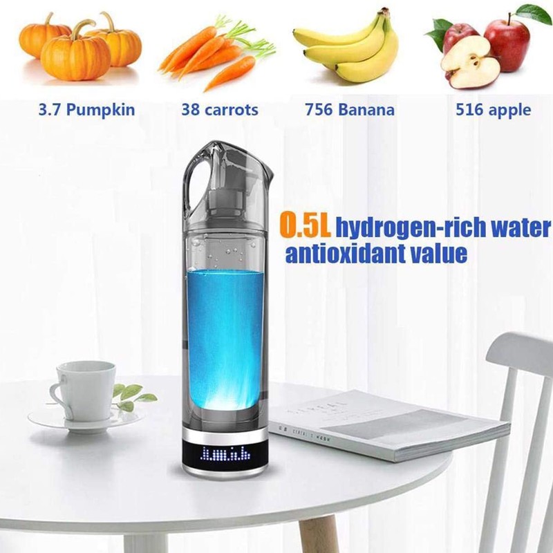 Portable 500ml Hydrogen Rich Water Bottle Alkaline Generator LED Healthy