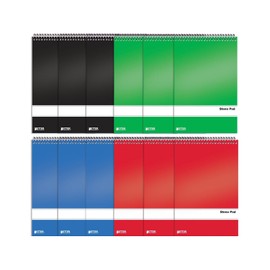 Better Office Products Spiral Steno Pads, 12 Pack, 6 x 9 inches, 80 Sheets, White Paper, Gregg Rule, Assorted Solid Colors (Red, Black, Blue, Green), 12 Steno Notebooks