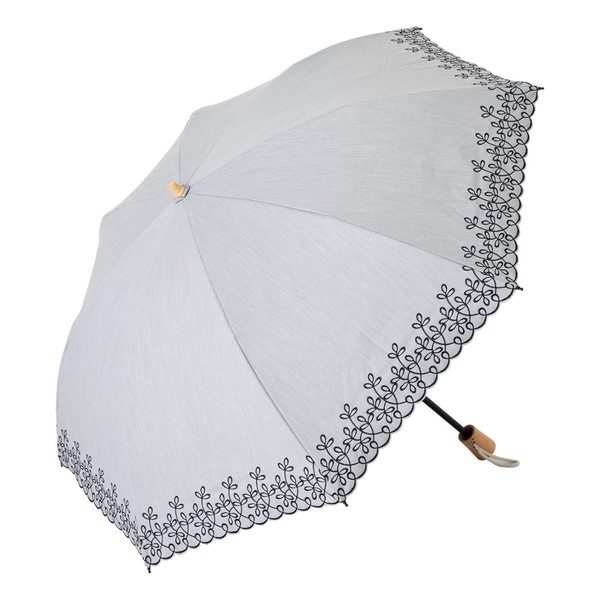 Parasol, UV Protection, 100% Light Blocking, Thermal Blocking, Folding Umbrella, For Both Sunny and Rainy Weather, Laminated Fabric, Cool Plus, Leaf embroidery chambray gray