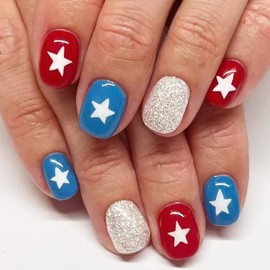Independence Day Press on Nails Short Square Fake Nails with Designs Star False Nails Silver Glitter Glossy Full Cover Acrylic Nails Red Blue Glue on Nails 4th of July Stick on Nails for Women 24Pcs
