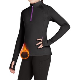 FitsT4 Sports Girls Fleece Long Sleeve Shirts Fall Jacket Thumbhole Horse Riding Sweatshirt Kids Equestrain Half Zip Black L