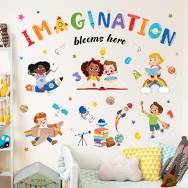 wondever Kids Inspirational Quotes Wall Decals Imagination Blooms Here Reading Corner Education Peel and Stick Wall Art Stickers for School Classroom Kids Room Daycare Wall Decor