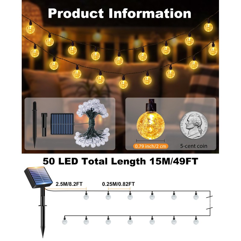 btfarm 2 Pack Solar String Lights Outdoor Waterproof, Total 98
