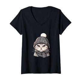 Scottish Fold Cat Knitted Bonnet Beanie Knit Cap Cat Lover V-Neck T-Shirt