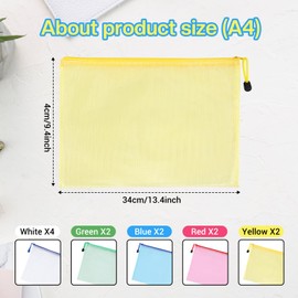 Pack of 12 Waterproof Document Wallets A4 - Zanfqvo Document Folder A4 Mesh Plastic - Bag with Zip and Labels - for File, Paper, Travel, Makeup Bag (5 Colours)