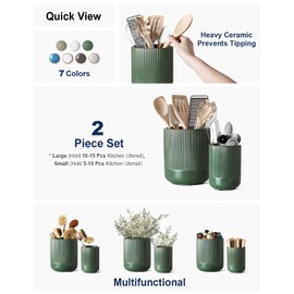 LE TAUCI Utensil Holder, 7.3"+5.4" Ceramic Kitchen Utensil Holder for Countertop, Large Cooking Utensil Crocks for Kitchen Counter, Morden Utensil Organizer for Spatula, Set of 2, Forest Green
