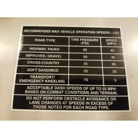 General Dynamics M1161 ITV-LSV 4x4 Growler M1163 Operating Speed Decal Sticker Dash Windshield