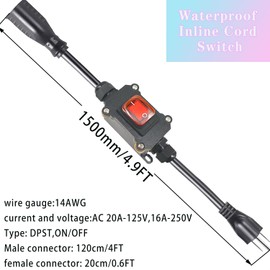 NEWNEWLIU 4.9-Feet Extension Cord with Waterproof On-Off Switch,AC 20A-125V,16A-250V with 14AWG 3Pin Outlets Plugs Power Red Led Outdoor On-Off Switch Cord Heavy Duty Inline