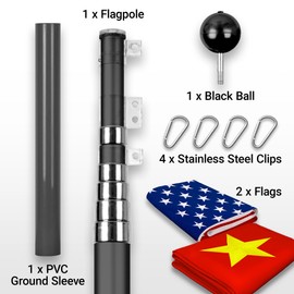 G128 Combo Pack: 25 Ft Telescoping Aluminum Flagpole (Black) & American and China Flags 3x5 Ft, Both ToughWeave Series Embroidered Polyester | Pole with Flags Included