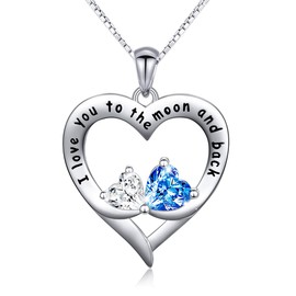 Flyow 925 Sterling Silver Jewellery Engraved I Love You to the Moon and Back Love You More Infinity Cubic Zirconia Heart Necklace, 18 Inches Silver Box Chain, Sterling Silver, Cubic Zirconia