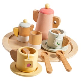Milageto Pretend Play Set Toy Baby Toys Set Play Cutlery Plate Set Educational Wooden Makeup Kits Tea Party Set Toy for Kids Girls , Afternoon tea set