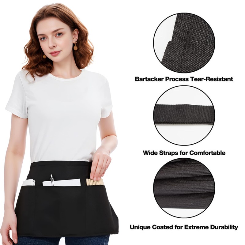 3PCS Server Apron, Black Waitress Apron Short Half Waist Aprons