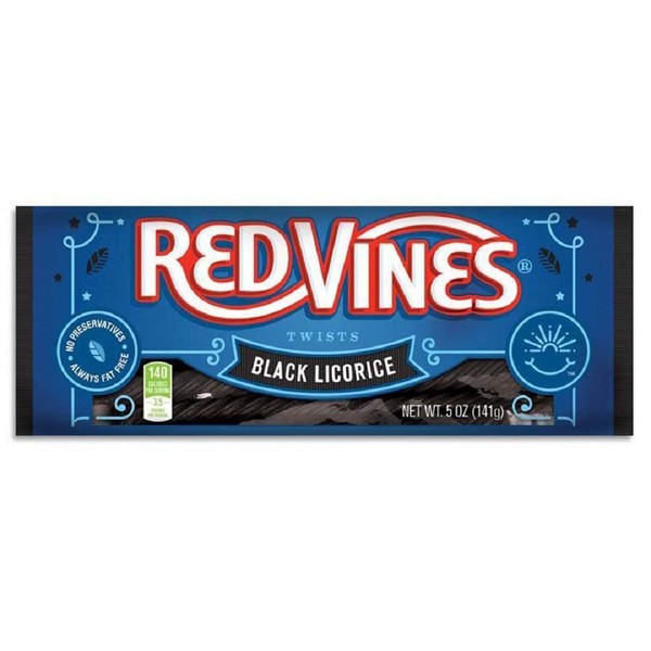 Red Vines Black Licorice Twists, 5oz Tray (24 Pack), Old Fashioned Soft & Chewy Candy