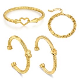 Narati Twisted Cable Bracelet for Women 4pcs Stainless Steel Bracelets Cuff Bangle Bracelets Gold Link Chain Bracelet Anniversary and Valentine Day Gifts (Style-1)
