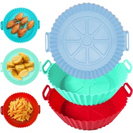 3 Pack Air Fryer Liners,8 Inch Silicone Airfryer Liners, Air Fryer Liners for 3 to 6 QT Oven Microwave Accessories,Reusable Baking Tray Oven Accessories (RED&BLUE￥GREEN)