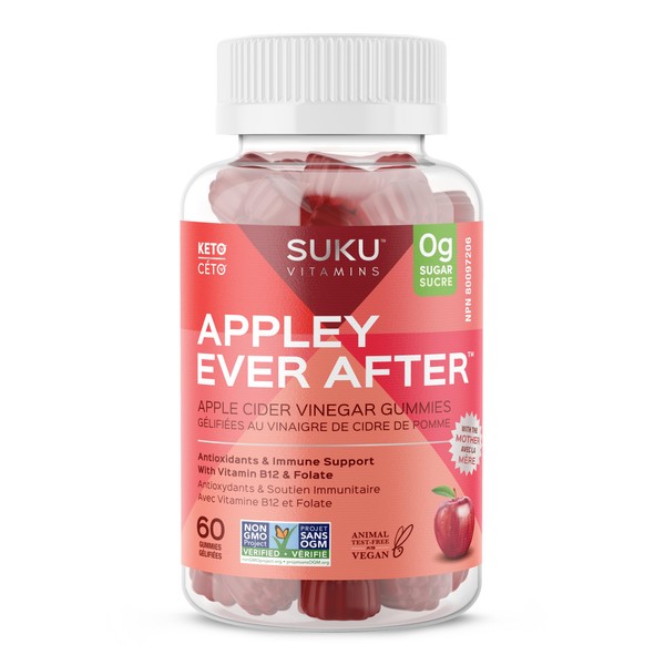 SUKU Vitamins Apple Cider Vinegar Gummy, Sugar Free, Supports Healthy Digestion, Gut Health, With Energy Boosting Vitamin B12, Keto, Vegan ACV gummies, 1020mg Apple Cider Vinegar per serving (60 count)