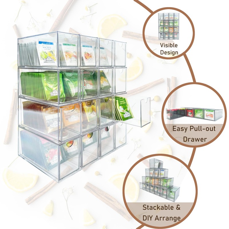 AZEZO 16-Pack Tea Bag Drawers Organizer - 16 Clear Plastic