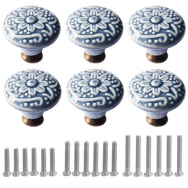 Perphin 1-2/5 inch Ceramic Kitchen Cabinet Knobs for Drawer Dresser Knobs Pulls Round Dresser Knobs Drawer Handles and Pulls for Home Furniture Decor Ceramic Knobs with 3 Size Screws (6, Blue)