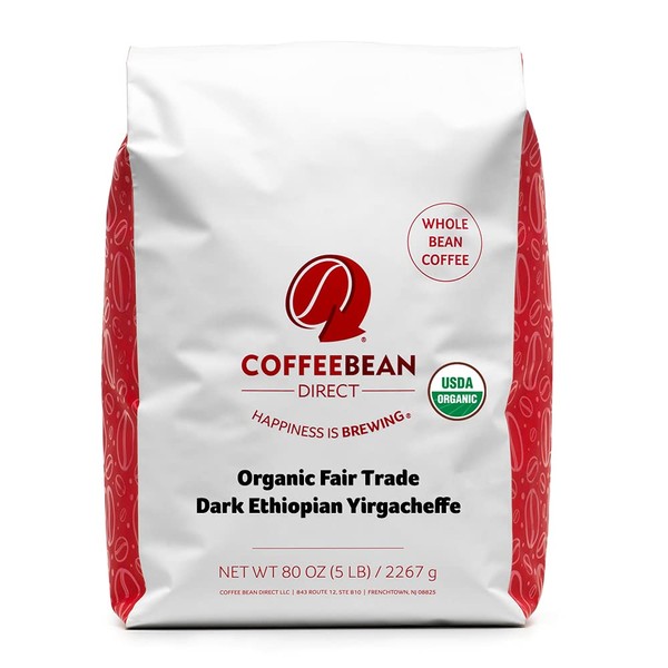 Coffee Bean Direct Dark Ethiopian Yirgacheffe, Organic Fair Trade Whole Bean Coffee, 5-Pound Bag