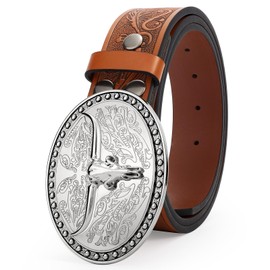 JASGOOD Western Leather Buckle Belt for Men Women Cowboy Cowgirl Mens Second Layer Leather Belt for Jeans, Brown